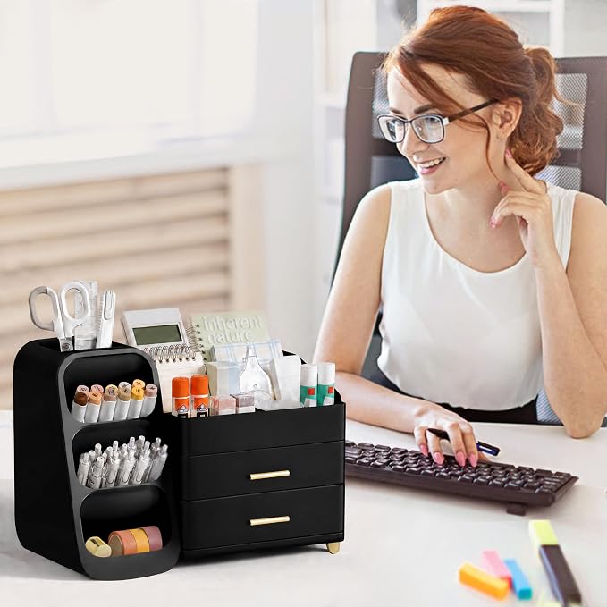 HBlife Desk Organizer with Pen Pencil Holder for Desk, Pen Organizer with 2 Drawers, Desk Organizers and Accessories with 4 Compartments, Desktop Storage for Office Home School Art Supplies, All Black
