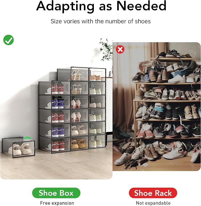 Foluck X-Large 15 Pack Shoe Storage Organizer Box Clear Plastic Stackable | Interlocking Design, Sturdy Dustproof Breathable, Fits Men's Size 10 Women's Size 11, for Closet Entryway Under Bed
