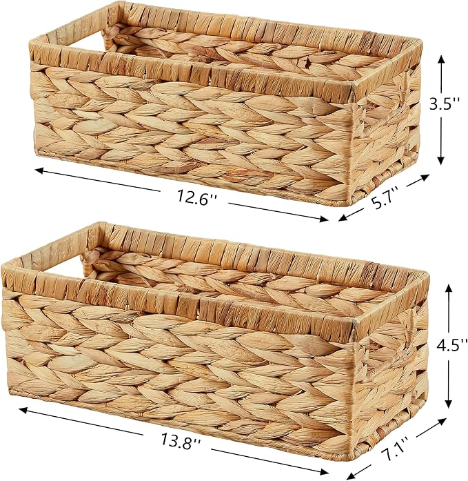 Wicker Storage Basket, Set of 2 Hand-Woven Water Hyacinth Wicker Baskets for Organizing Decor Storage Bins for Counter Shelves Pantry Basket Small Toilet Paper Basket for Toilet Tank Top