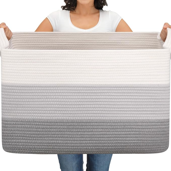 OIAHOMY Extra Large Blanket Basket, 110L Cotton Rope Woven Laundry Basket, Toy Bin for Baby Room, Container for Blanket Storage in Living Room, 24.8''×17.3''×15.8'', Gradient Grey