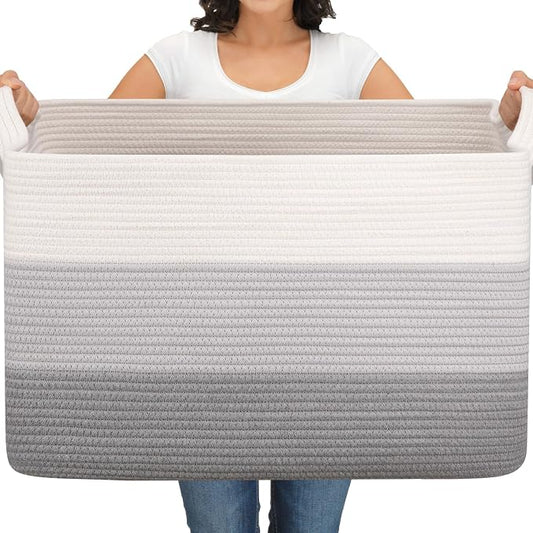 OIAHOMY Extra Large Blanket Basket, 110L Cotton Rope Woven Laundry Basket, Toy Bin for Baby Room, Container for Blanket Storage in Living Room, 24.8''×17.3''×15.8'', Gradient Grey