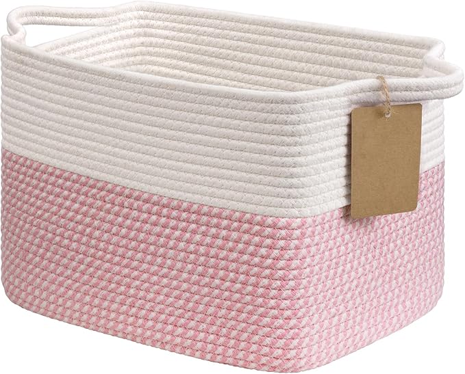Goodpick Small Woven Storage Baskets for Organizing, Pink & White | 13 × 10 × 9 in, Reinforced Handles, Nursery, Bedroom & Shelf Organization, Toys, Books, Baby Essentials & Gift Giving