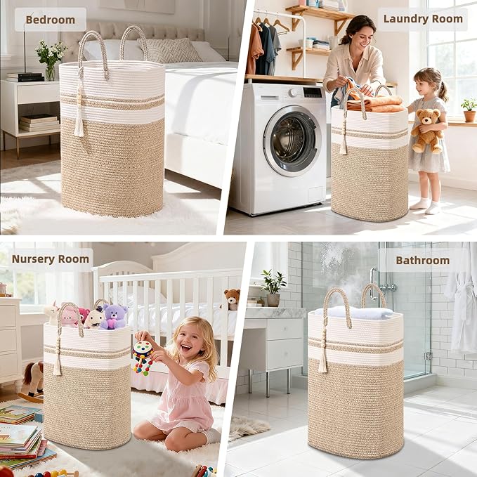 Woven Laundry Basket for Clothes, 50 L Large Rectangle Laundry Hampers with Beads Tassel, Nursery Storage Basket for Toys, Tall Dirty Clothes Hamper for Bedroom Aesthetic, Laundry Room Organization