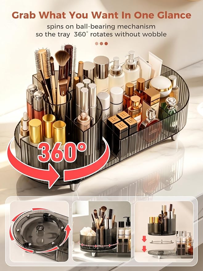 Booklov Rotating Makeup Organizer for Vanity Countertop, Smoke | Clear Acrylic Cosmetic Display Case, Large Beauty Brush Holder for Bathroom Counter, Skincare Lipsticks Storage