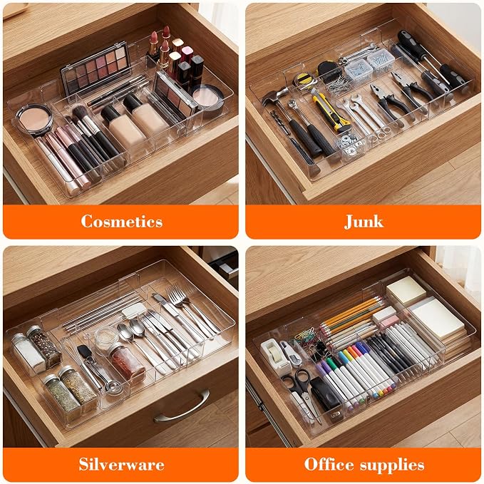 Briwooody 2 Pcs Large Expandable Acrylic Drawer Organizers, Grid Adjustable Drawer, Dividers Organizer for Desk, Makeup, Jewelry, Office, Kitchen Supplies (Clear,8 Compartments)