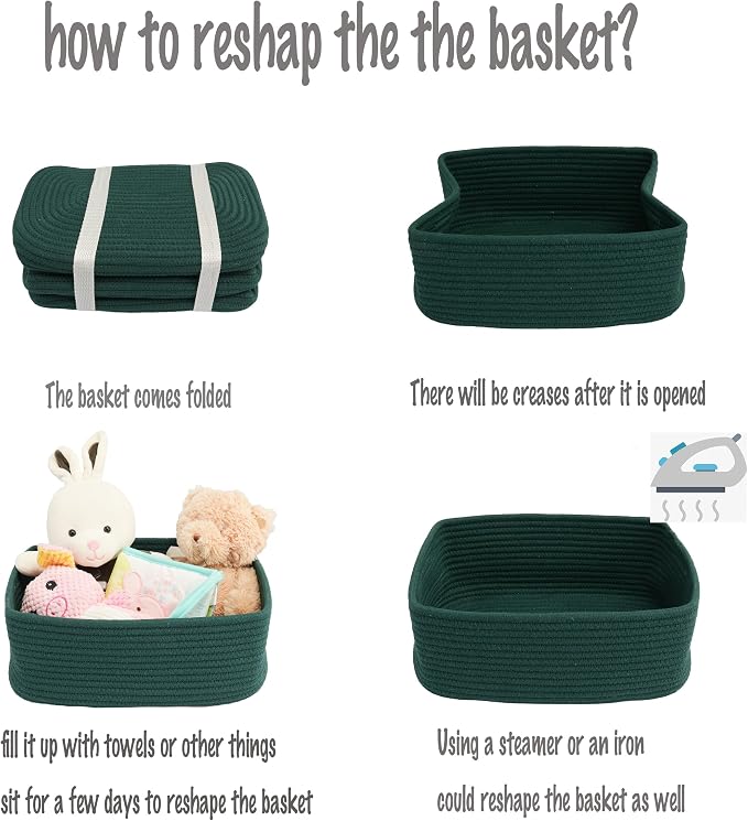 XUANGUO Small Woven Storage Baskets for Shelves, 12" x 8" x 5", Dark Green | Decorative rope storage bins for closets and toy storage; cute organizer baskets, empty gift baskets and nursery storage.