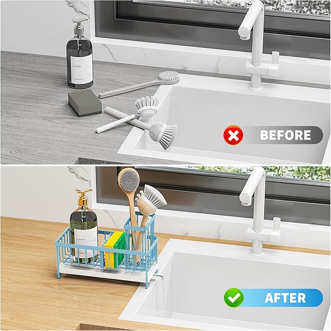 Cisily Sponge Holder for Kitchen Sink, Sink Caddy Organizer with High Brush Holder, Kitchen Countertop Organizers and Storage Essentials, Rustproof 304 Stainless Steel (Blue, 9.25″)