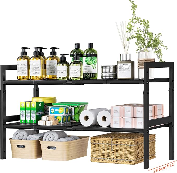 Under Sink Organizer and Storage 16.5"-30.7" Expandable Length, Adjustable Height Max 16.7" Under Sink Shelf 2 Tier with Removable ABS Panels Metal Frame for Bathroom Kitchen Pantry Cabitnet Pot Pan