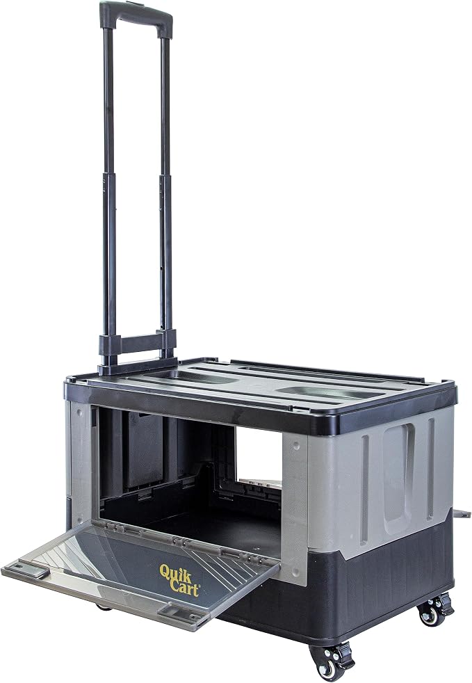 dbest Products Quik Cart Extended Four Wheeled Rolling Crate Teacher Utility with seat Dual Accessible Doors Heavy Duty Collapsible Basket with Two Position Handle | with Wheels, Dual Side Doors, Two-Position Handle, 360 Spinner Wheels, Foldable Utilit...