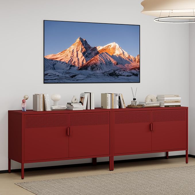 Metal Storage Cabinet with 2 Doors & Adjustable Shelves, Red | 25"H Accent Cabinet, Metal Locker Storage Cabinets, TV Stand Cabinet for Home, Office, Living Room, Entryway