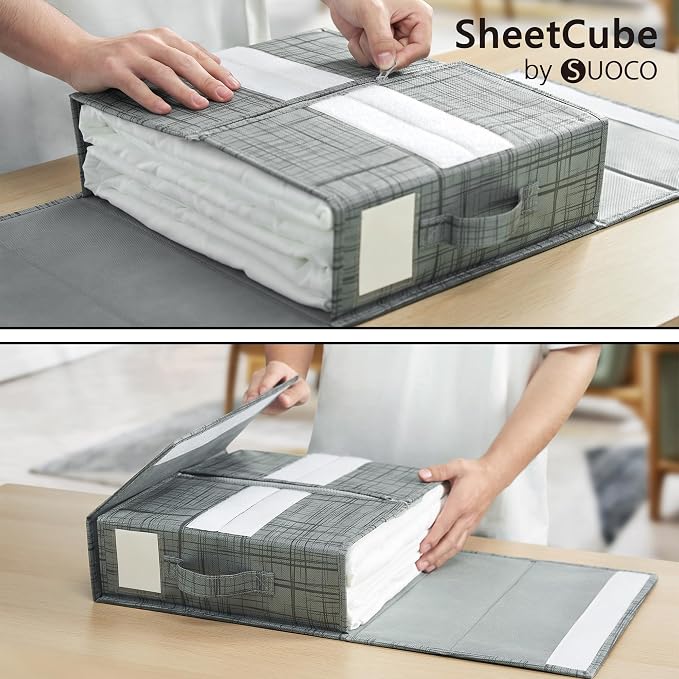 SUOCO SheetCube Bed Sheet Organizers and Storage 4 Pack, Foldable Linen Closet Organizer, Bedding Folder Storage Box Container for Blanket, Duvet Cover Set, Bed Sheet Set - Pattern Grey