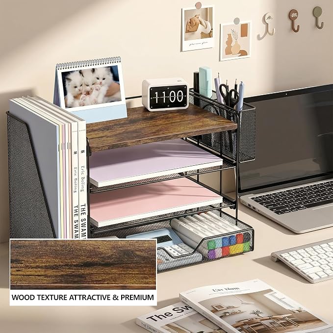 OPNICE Desk Organizer, 4-Tier Desktop File Organizer with Drawer and Pen Holders, Office Desk Accessories, File Sorters, Workspace Organizers for Office Supplies(Wood - Metal Pen Holder)