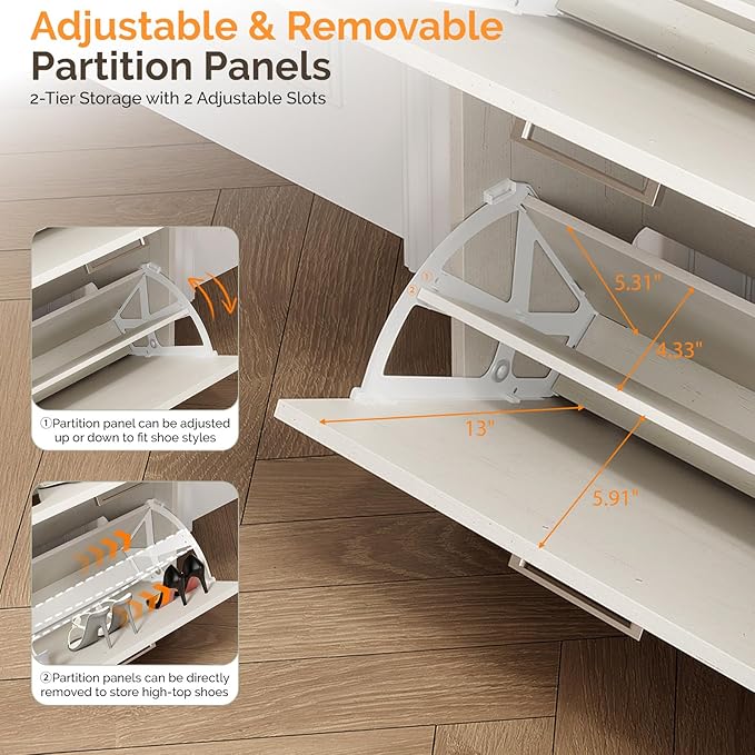 VINGLI Shoe Cabinet for Entryway, Farmhouse Slim Shoe Rack Storage with 3 Flip Drawers, Rustic Brown Top & Washed White Body, Narrow Hidden Shoe Organizer for Hallway, 9.5" Depth