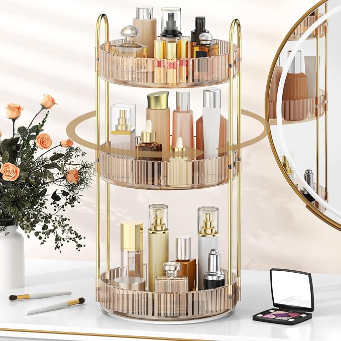 MOKANI 360 Rotating Makeup Organizer for Vanity, 3 Tier Perfume Organizer | Adjustable Multi-Function Spinning Cosmetics Skincare Storage for Bedroom, Dresser, Countertop, Amber