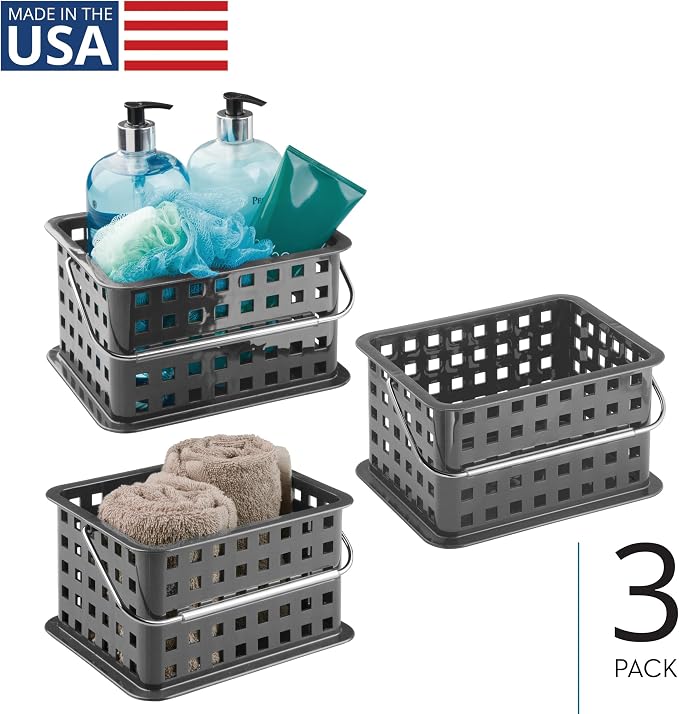 iDesign Stackable Shower Basket with Handle, Gray, Set of 3 | Made in USA, For Dorm or Bathroom