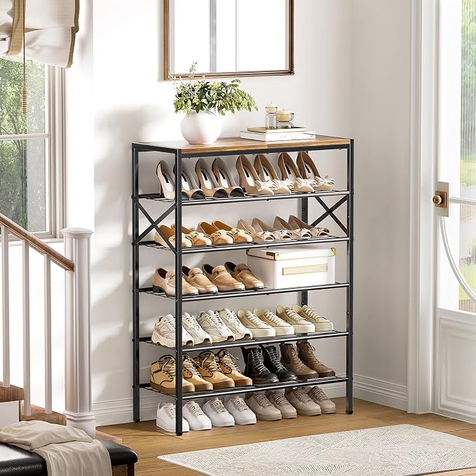 6 Tier Metal Shoe Rack with Wood Top, 18-24 Pairs Rustic Brown | Compact 38.6in tall fits entryway. Iron sheet for heels. Removable layer for tall boots. Multi-use display top.