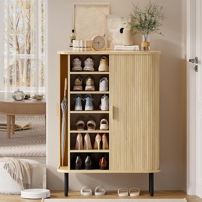 ONBRILL 6-Tier Shoe Cabinet with Sliding Door, Wooden Shoe Storage Cabinet with Adjustable Shelves, Mid-Century Modern Freestanding Shoe Storage Organizer for Entryway, Hallway, Living Room, Oak