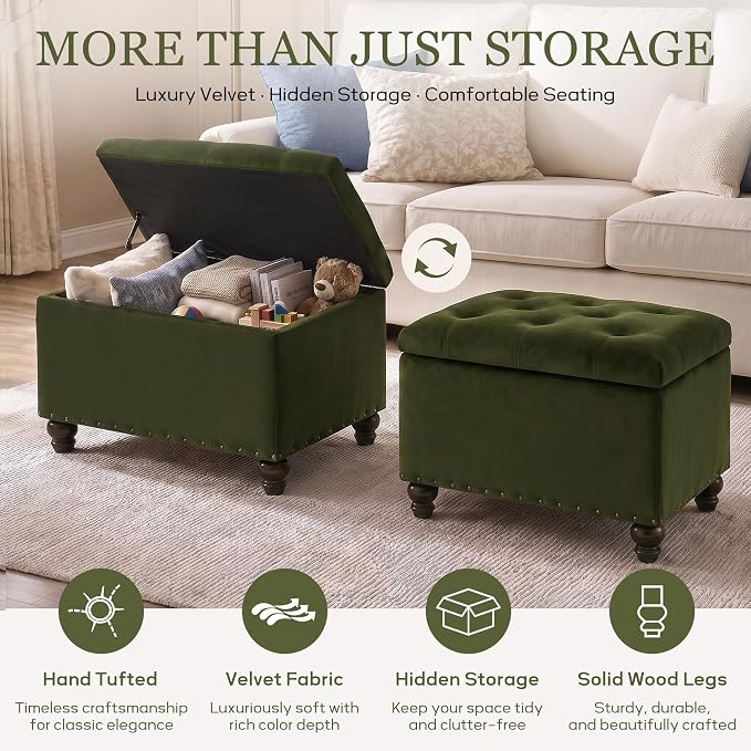 Zihanhome Velvet Storage Ottoman Bench, Button Tufted Ottoman with Hidden Storage, Upholstered Foot Rest Stool with Solid Wood Legs for Living Room, Bedroom, Entryway & Small Spaces (Olive Green)