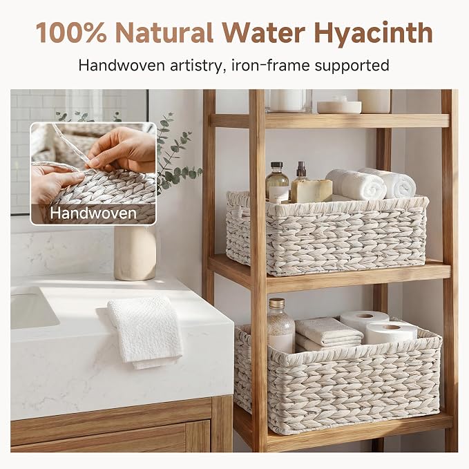 StorageWorks Large Wicker Baskets for Storage, Water Hyacinth Storage Baskets for Organizing, Wicker Storage Baskets for Shelves, White, 2-Pack, Large & Medium