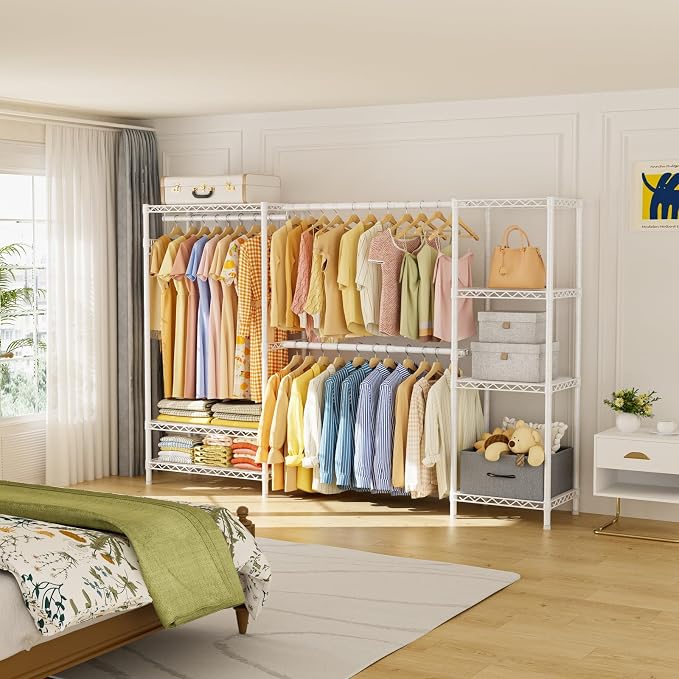 Golpart Heavy Duty Clothing Rack with Adjustable Shelves Clothes Wardrobe | Coat Rack Metal Closet Organizer and Storage Garment Rack for Hanging Clothes Wire Portable Cloth System Free Standing White