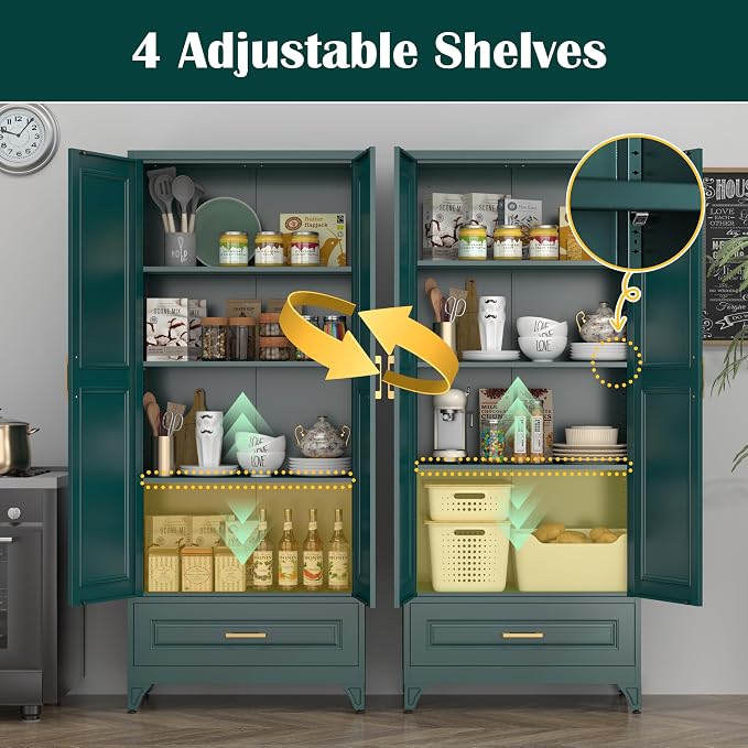 SteeLoong 75" Metal Storage Cabinet with Doors and 3 Adjustable Shelves | Kitchen Pantry Cabinet with Drawer,Green Kitchen Cabinet with 2 Gold Handles,Food Cupboard for Livingroom,Pantry, Bathroom