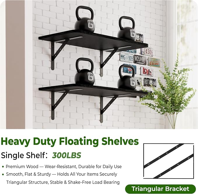 Dogsky 2-Pack Garage Storage Shelving Wall Mounted, 3x2Ft (36x24In) Heavy Duty Wood Floating Wall Shelf, 300lbs Capacity Shelves for Garage, Closets, Utility Rooms and Kitchens, Black