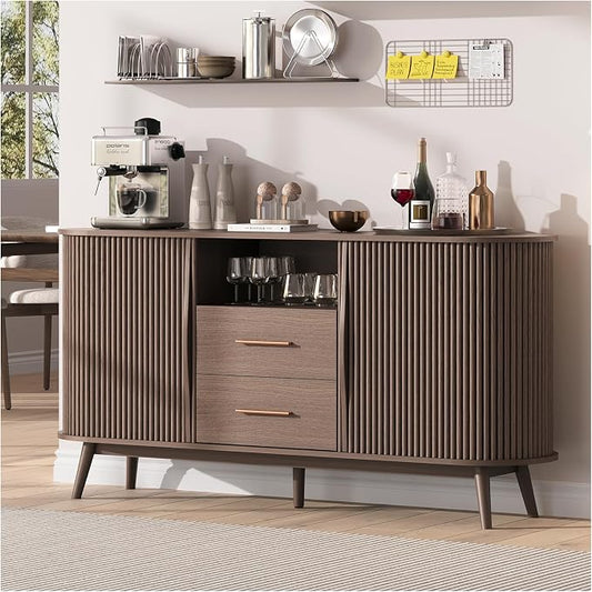 JOINICE Walnut Sideboard Buffet Cabinet with Storage for Dining Room，63" | Mid-Century Modern Storage Cabinet,2 Drawers&Fluted Sliding Doors,Solid Wood Legs,adjustable shelf,supports up to 100 lbs