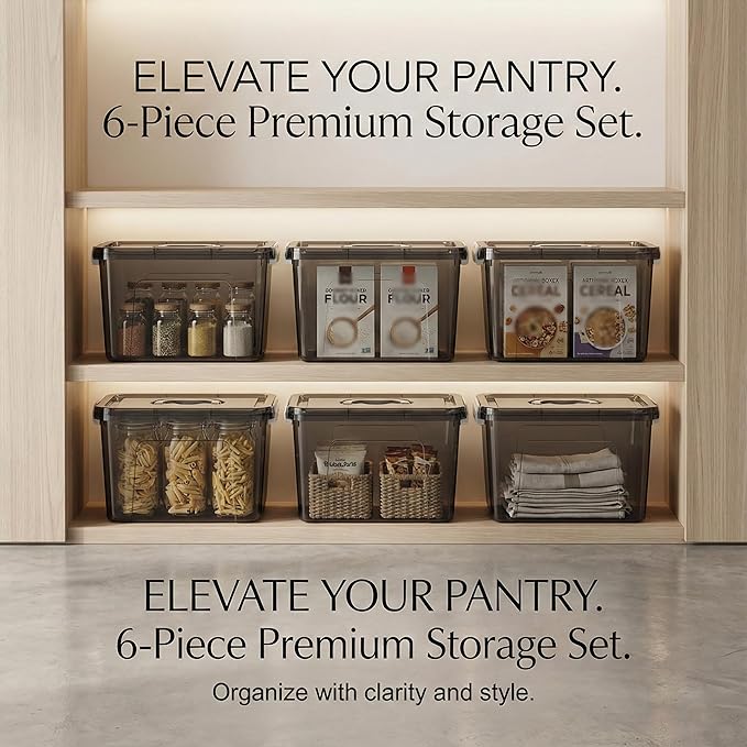 6 Quart Stackable Plastic Storage Bins with Lids, 6 Pack Clear Black Small Organizer Boxes with Latches for Bathroom, Pantry, Office Desk and Small Item Storage