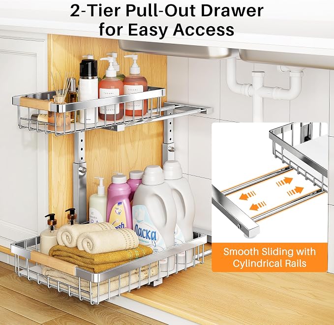 PXRACK Under Sink Organizer, Adjustable Height, 2 Tier Pull Out Cabinet Organizer, Slide Out Thickened Metal Storage for Kitchen Bathroom Laundry Pantry Cabinet, Stainless Steel, Silver, Large-2-Pack