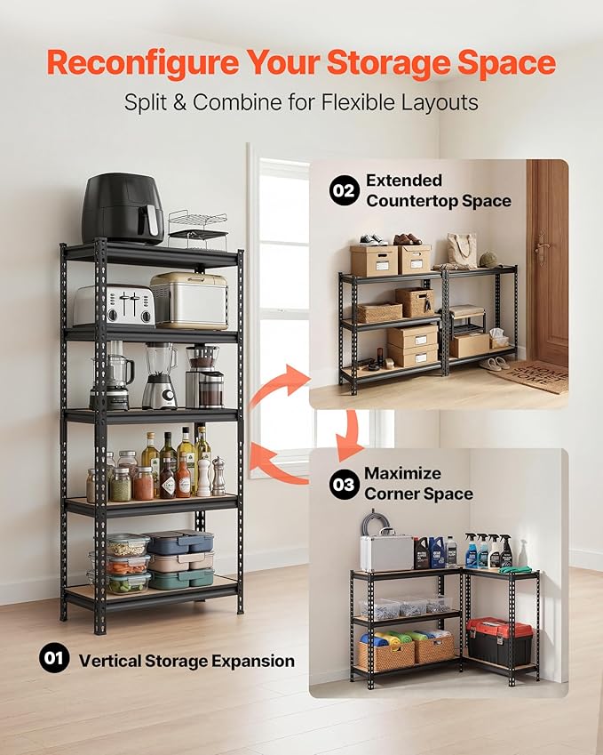 VEVOR Storage Shelves, 5-Tier Adjustable, 2000 lbs Capacity, Heavy Duty Garage Storage Shelving Unit, Metal Utility Rack Shelf, for Kitchen Pantry Basement Bathroom, 28.35" W x 12.17" D x 59.84" H