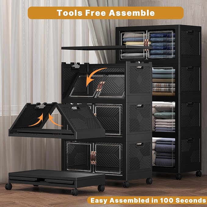Stackable Storage Bins with Lids, 480QT Closet Organizers and Storage Cabinet with Doors & Wheels, Lockable Plastic Foldable Drawers for Bedroom Dorm Office Garage（120QT*4,Black）