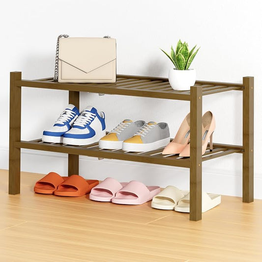 Smiry Bamboo Shoe Rack, 14 Vertical Slats, 2 Tier - 26.8" Wide, Walnut | Stackable Free Standing Wooden Shoe Organizer, Wood Shoe Storage Shelf for Closet, Entryway, Thicher Leg
