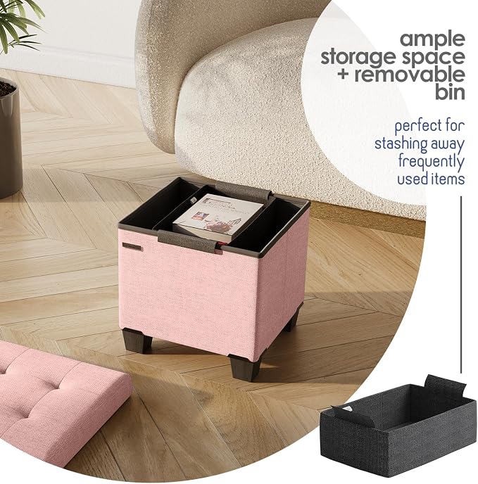 Storage Ottoman Cube with Small Bin, 15-in Square Ottoman with Storage for Living Room and Bedroom, Small Ottomans Foot Rest, Fabric Foot Stools Ottomans Max 330lbs, Pink