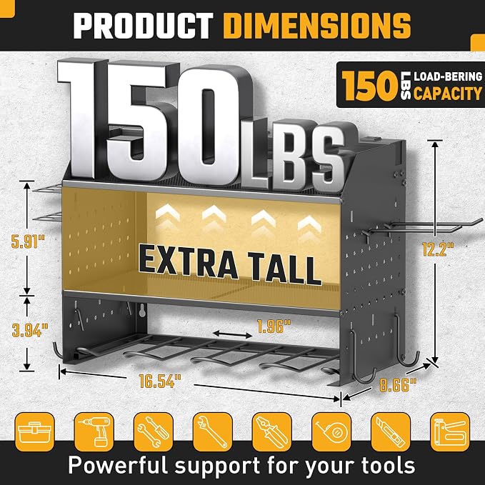 Power Tool Organizer Wall Mount 3 Layer Charging Station with 6 Outlets | Heavy Duty Tool Holder Storage Shelf Rack for Garage, Workbench and Workshop, Black, 4 Drill Holders and Drill Bit Rack,Black