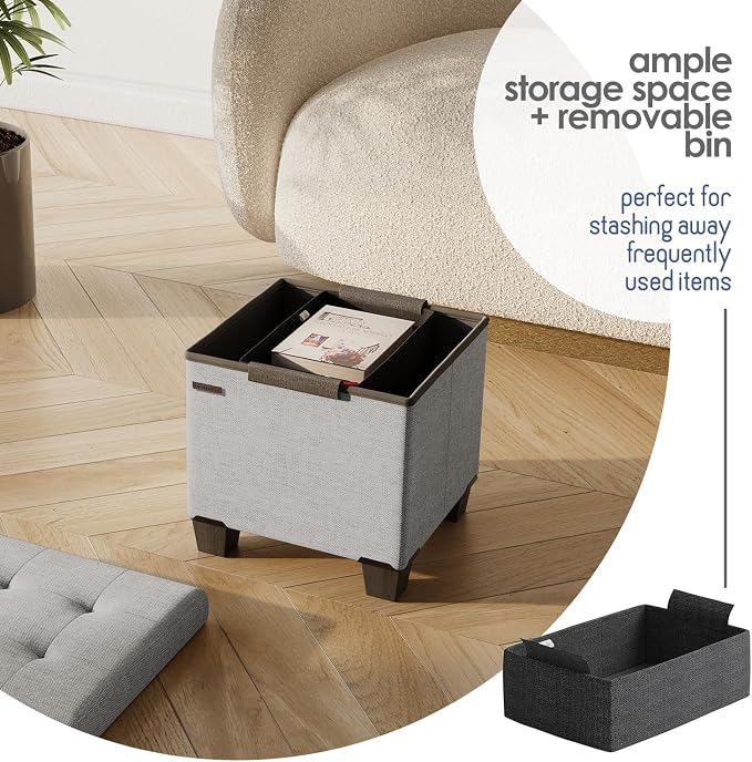 Storage Ottoman Cube with Small Bin, 15-in Square Ottoman with Storage for Living Room and Bedroom, Small Ottomans Foot Rest, Fabric Foot Stools Ottomans Max 330lbs, Light Grey