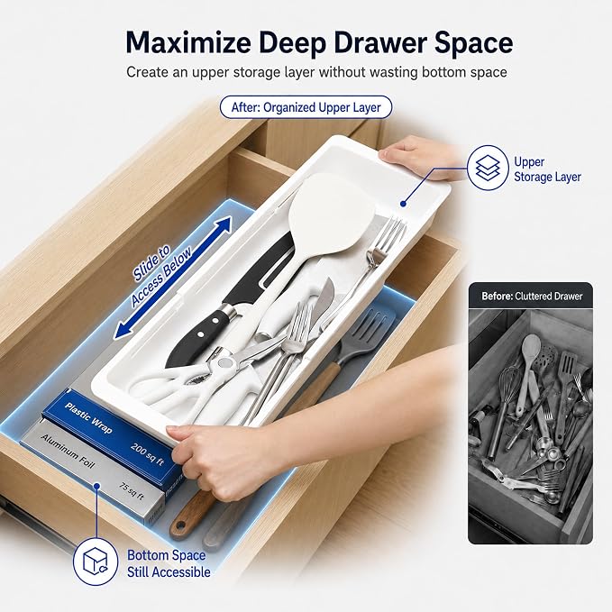 2-Pack Expandable Drawer Organizer for Deep Drawers, Adjustable 17–27 in Storage Tray, Durable PP Smooth Glide Divider for Kitchen, Vanity & Office, Space-Saving Design