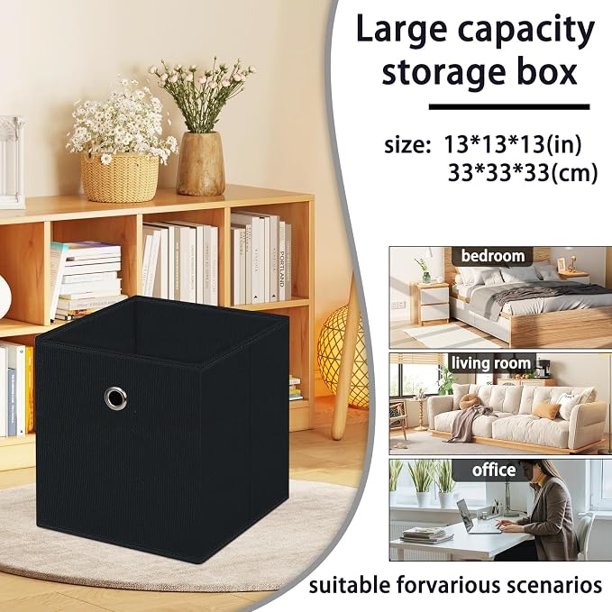 13 inch Record cubes storage bins,collapsible fabric storage cubes Decorative storage basket,apply to clothes organizer box,shelves in closet,laundry,daycare centers,offices,4 Pack(Black) ﻿
