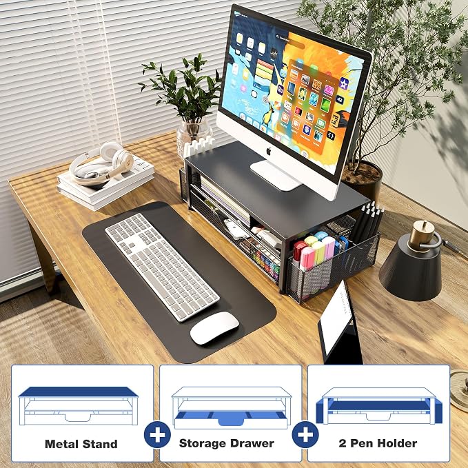 OPNICE Desk Organizer and Accessories, 2-Tier Computer Monitor Stand Riser with Drawer and 2 Pen Holders, Laptop Stand, Office Desk Accessories for Office Supplies, 2 Pack, Black