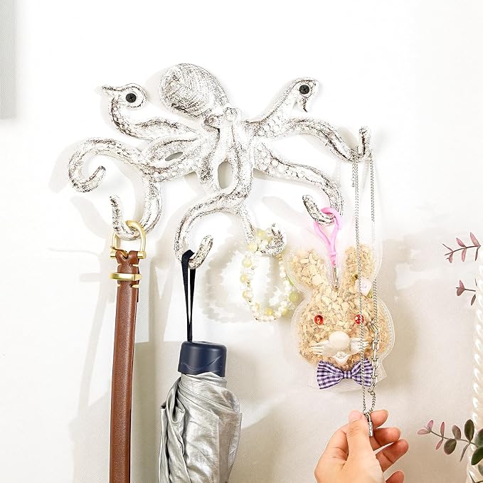 Sungmor Cast Iron Key Holder for Wall, White Octopus Hanger with 6 Hooks, | Wall Hooks for Towel, Bathrobe, Necklaces, Purse, Dog Leashes, Bathroom Nautical Decor
