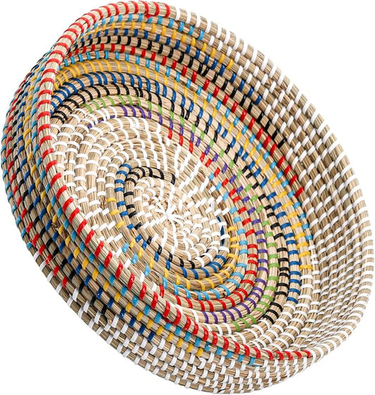 SOUJOY 12'' Woven Seagrass Serving Tray, Rattan Serving Tray, Handmade Round Ottoman Fruit Tray, Colorful Coffee Table Decorative Tray for Bread, Tea, Breakfast, Coffee, Drinks, Snack, Wall Decor