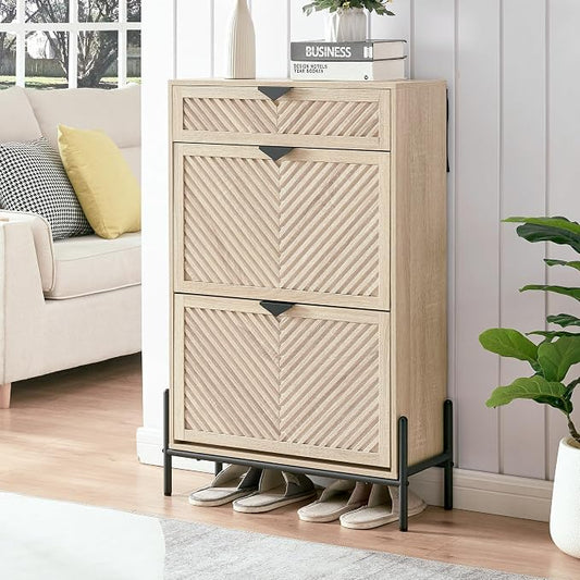 Shoe Cabinet with 2 Flip Drawers, Narrow Entryway Rack, Oak | Slanted Wood Grain, Freestanding, Adjustable Compartments, Removable Middle Shelf, Metal Handles, for Hallway Foyer Entrance