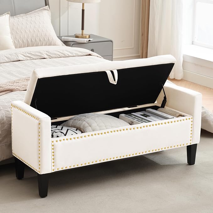 Velvet Storage Ottoman Bench, 46'' Upholstered Button Tufted End of Bed Bench, Modern Entryway Ottoman Bench with Arms, Beige