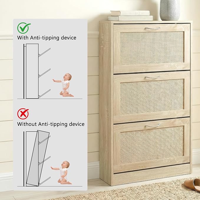HOPUBUY Shoe Cabinet for Entryway, Narrow Shoe Storage with 3 Flip Drawers | Wood Slim Shoe Rack, 3 Tier Thin Shoe Organizer for Home and Apartment,Nature Rattan