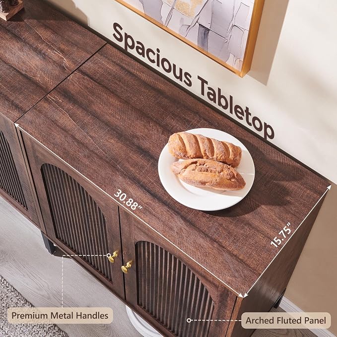 IFGET 34" Tall Modern Arched Sideboard Buffet Cabinet with Storage, Brown | Fluted Arch Sideboard Cabinet w/Adjustable Shelves, Wooden Modular Kitchen Cabinet for Dining& Living Room, Entryway