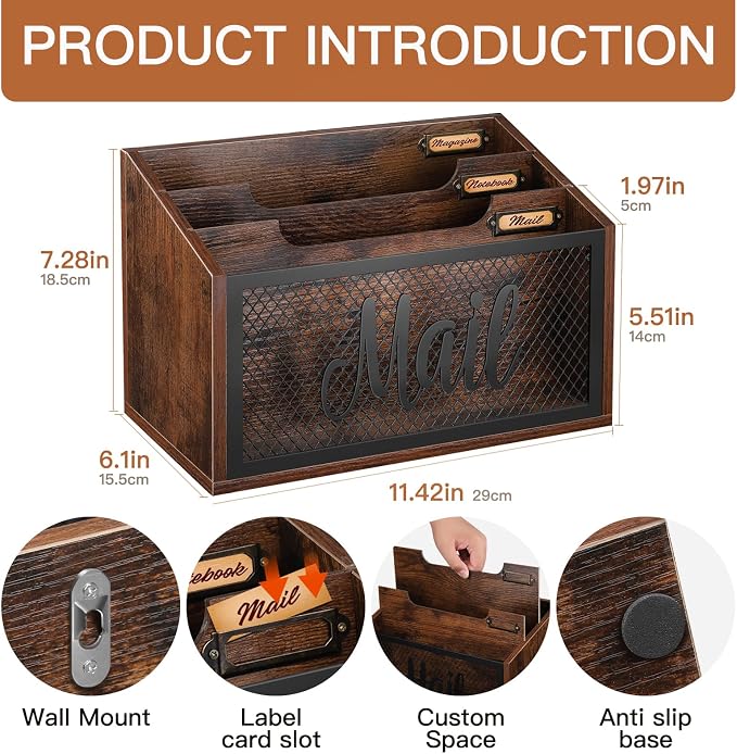 Mail Organizer Countertop with 3-slots | Wooden Mail Holder for Desktop | Farmhouse Mail Sorter Wall Mounted | Office Desk Organizers for Bill Letter File
