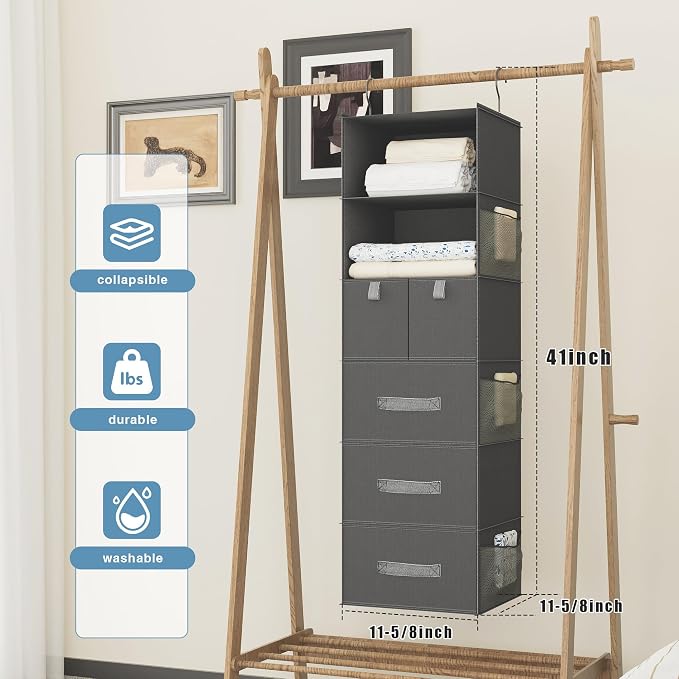 6-Shelf Hanging Closet Organizer with 5 Drawers, Non-Woven, Dark Gray | Spacious compartments sort clothes & undergarments; foldable drawers add hidden storage for closets, wardrobes or RVs.