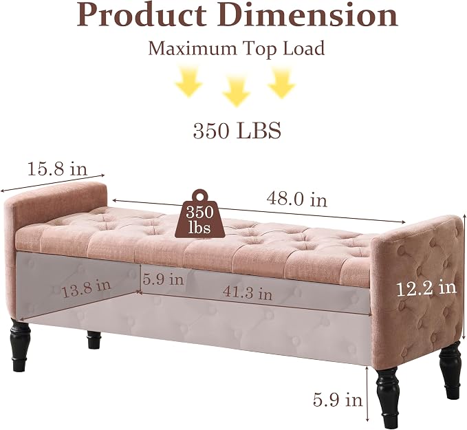 Royal Windsor 48" Ottoman with Storage,Tufted Storage Bench with Safety Hinge,Holds up to 350 lb,Black Wood Legs,Upholstered Bench with Arms for Bedroom,Living Room,Entryway,Linen Pink