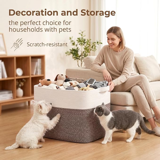 OIASKET 108L Cotton Rope Storage Basket for Living Room and Bedroom 25"x16"x16" Woven Laundry Basket, Heavy Duty Bin for Blankets, Pillows & Toys, Pet-Safe & Scratch-Free, Dark Brown and White