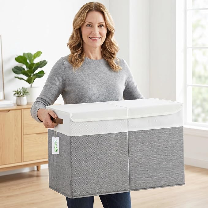 Bagnizer Large Toy Storage Box with Lids, Collapsible Sturdy Baby Storage Organizer Chest Bin Basket for Kids, Boys, Girls, Playroom, Nursery, Bedroom, Closet 25"x13"x16" (Gray and White)