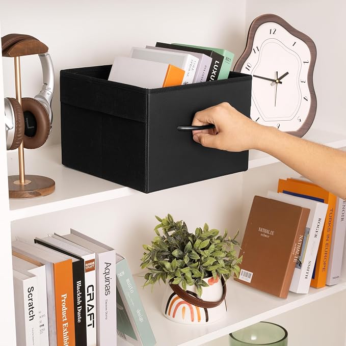 StorageWorks Black Storage Bins, Leather Front Fabric Storage Bins with Handles, Closet Organizers and Storage Bins, Organizer Baskets for Shelves and Closet, Collapsible Storage Baskets, 4-Pack